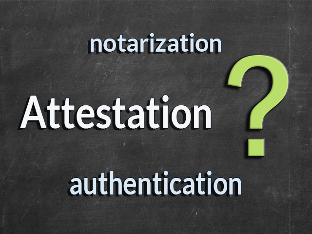 Notarization, attestation and authentication text on a black background with a question mark